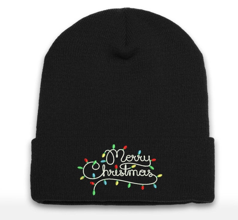Embroidered Christmas Lights Beanie: Holiday Cuffed Hat