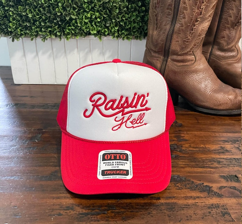 Raisin' Hell Embroidered Red Trucker Cap Foam Trucker Mesh Country Gal CowGirl