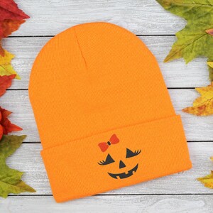 Embroidered Pumpkin Face Beanie: Fall Cuffed Hat