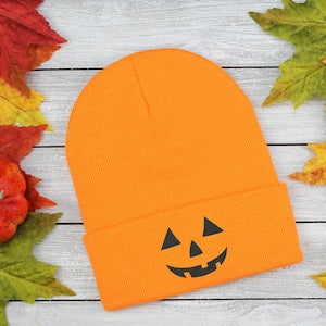 Embroidered Pumpkin Face Beanie: Fall Cuffed Hat