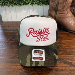 Raisin' Hell Embroidered Camo Trucker Cap Foam Trucker Mesh Country Gal CowGirl