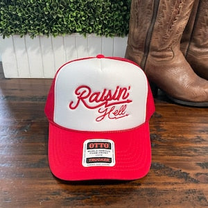 Raisin' Hell Embroidered Red Trucker Cap Foam Trucker Mesh Country Gal CowGirl