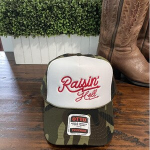 Raisin' Hell Embroidered Camo Trucker Cap Foam Trucker Mesh Country Gal CowGirl