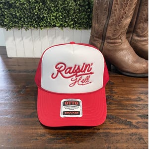 Raisin' Hell Embroidered Red Trucker Cap Foam Trucker Mesh Country Gal CowGirl