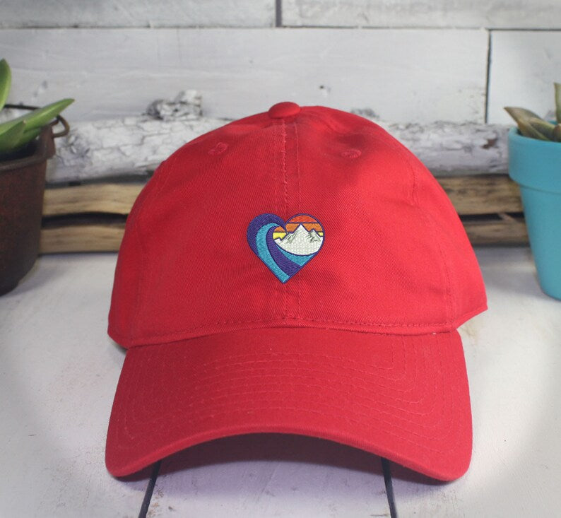 Embroidered Dad Hat: Retro Waves and Mountains Design