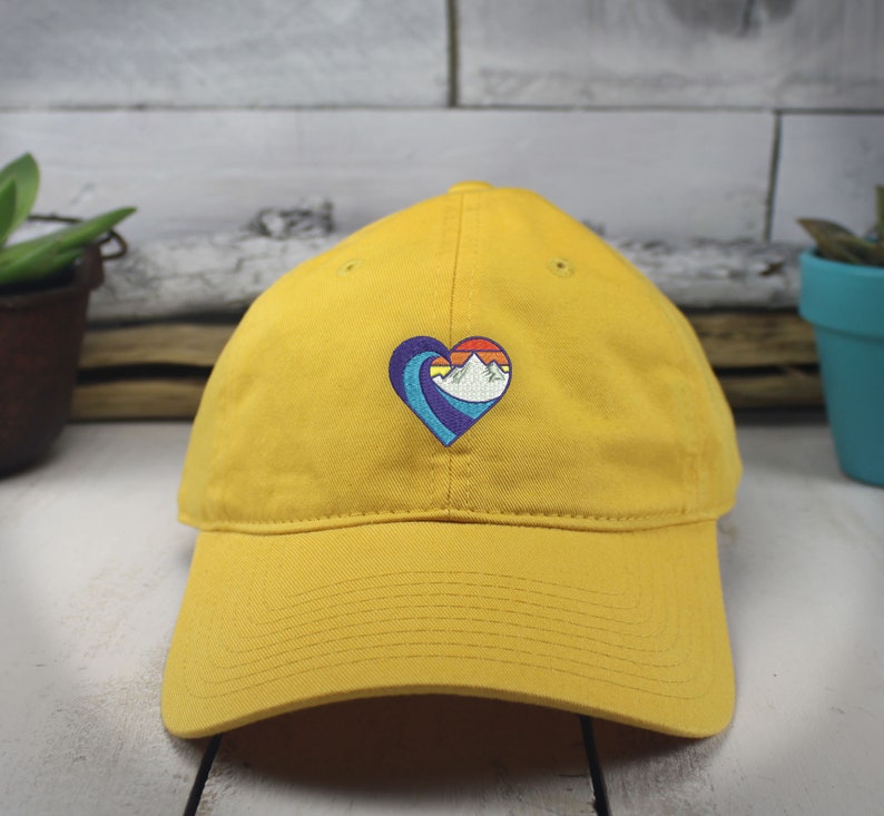 Embroidered Dad Hat: Retro Waves and Mountains Design