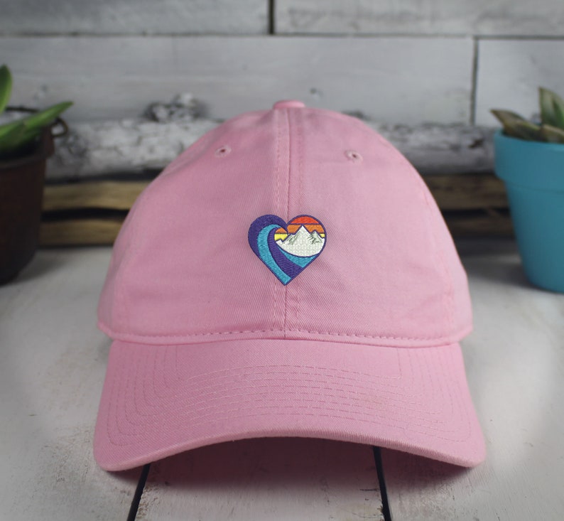 Embroidered Dad Hat: Retro Waves and Mountains Design