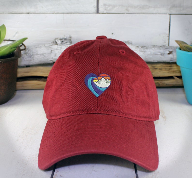 Embroidered Dad Hat: Retro Waves and Mountains Design