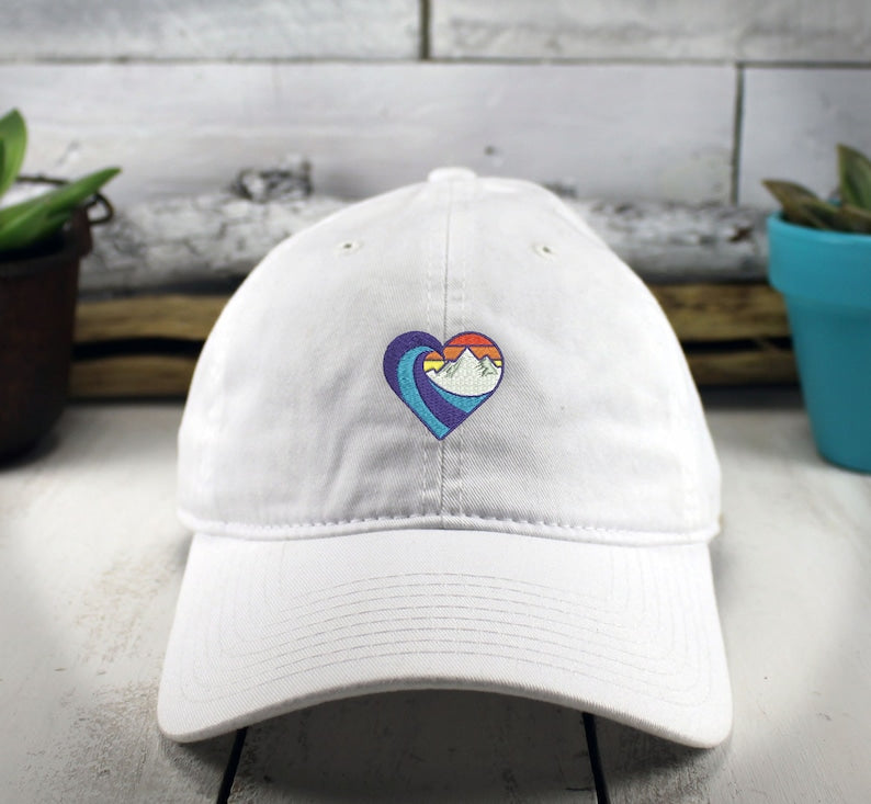 Embroidered Dad Hat: Retro Waves and Mountains Design