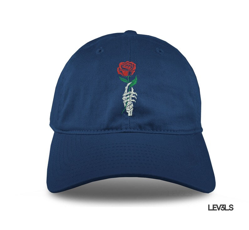 Skeleton Hand With Rose Dad Hat Embroidered Baseball Cap Adjustable Buckle