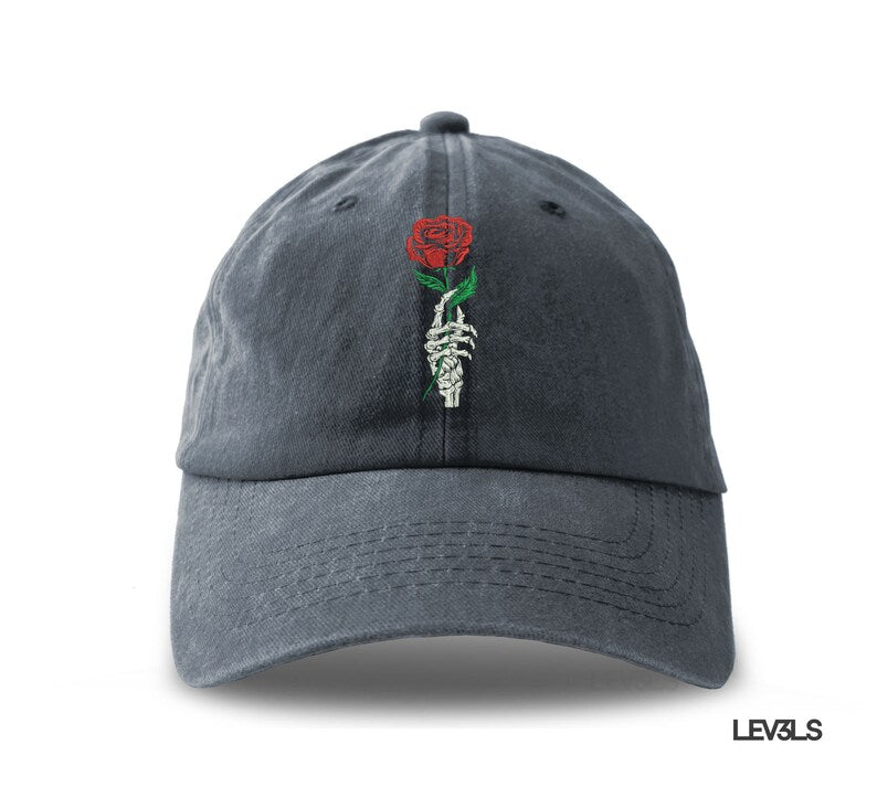 Skeleton Hand With Rose Dad Hat Embroidered Baseball Cap Adjustable Buckle