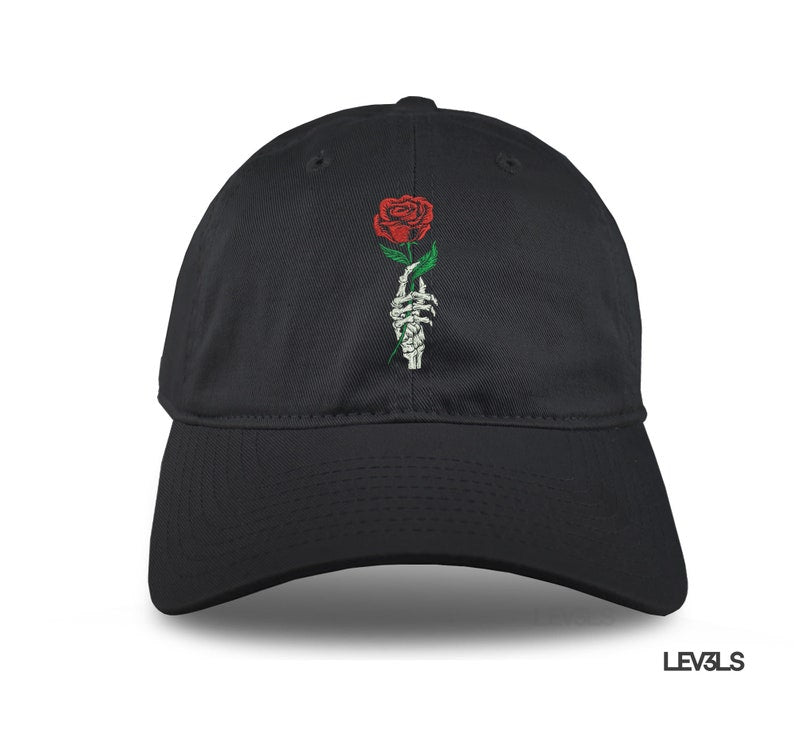 Skeleton Hand With Rose Dad Hat Embroidered Baseball Cap Adjustable Buckle