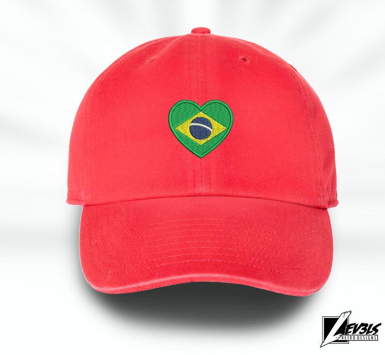 Embroidered Brazil Flag Heart Baseball Cap - Unisex Cotton Dad Hat