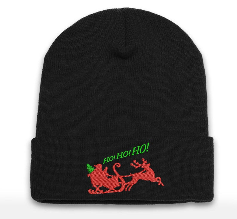 Embroidered Christmas Beanie: Santa Sleigh Cuffed Hat