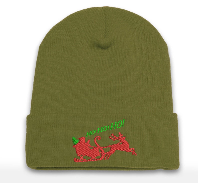 Embroidered Christmas Beanie: Santa Sleigh Cuffed Hat