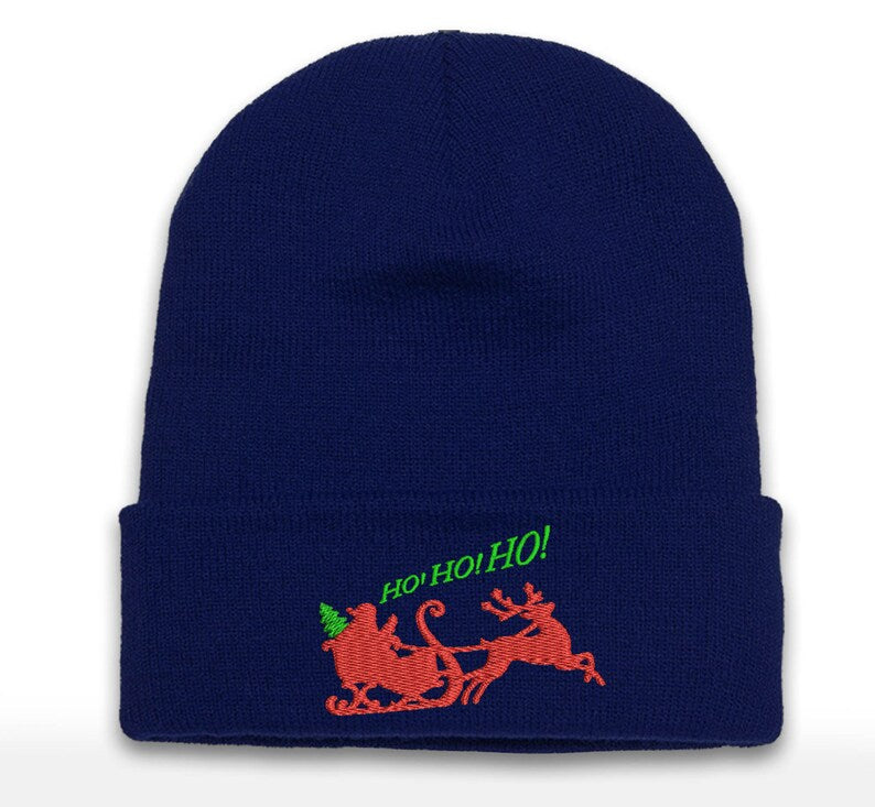 Embroidered Christmas Beanie: Santa Sleigh Cuffed Hat