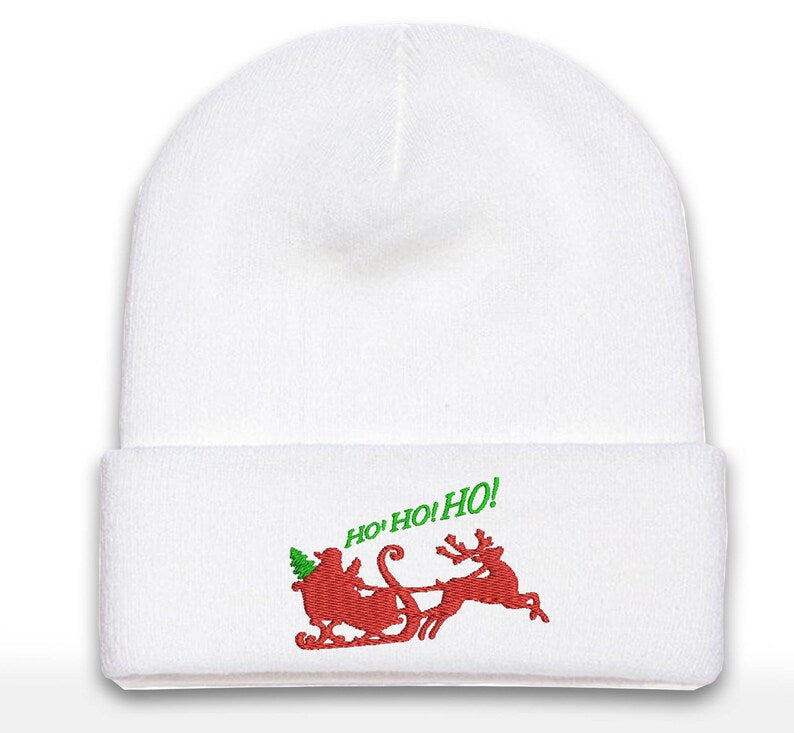 Embroidered Christmas Beanie: Santa Sleigh Cuffed Hat