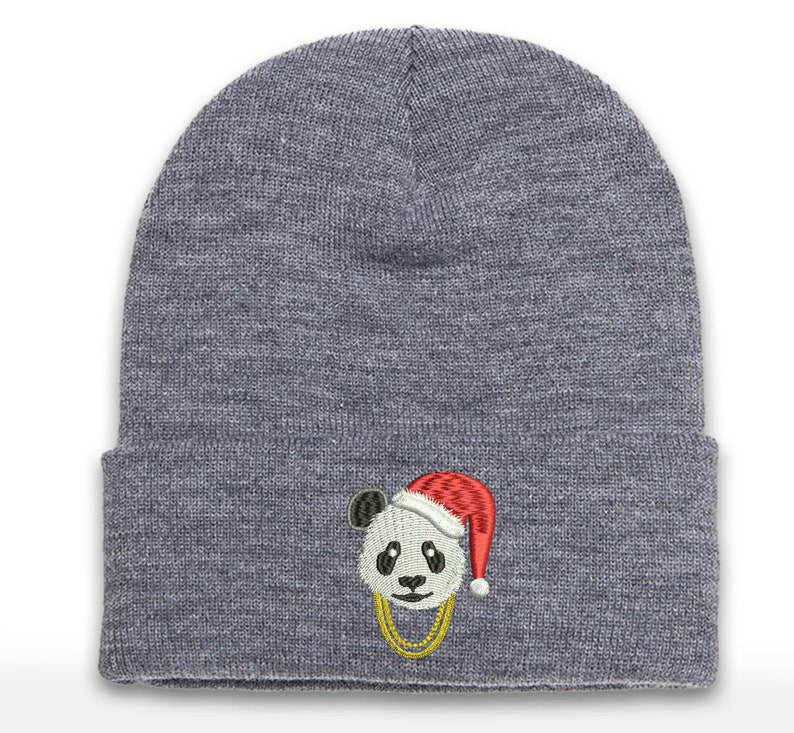 Embroidered Santa Panda Beanie with Gold Chains - Cuffed Acrylic Christmas Hat
