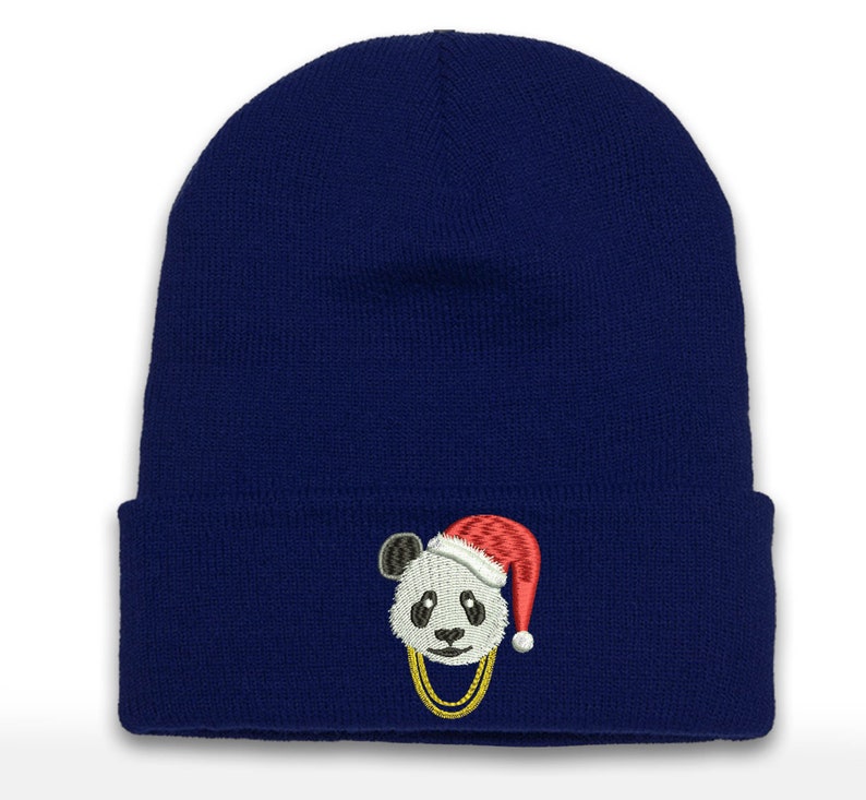 Embroidered Santa Panda Beanie with Gold Chains - Cuffed Acrylic Christmas Hat