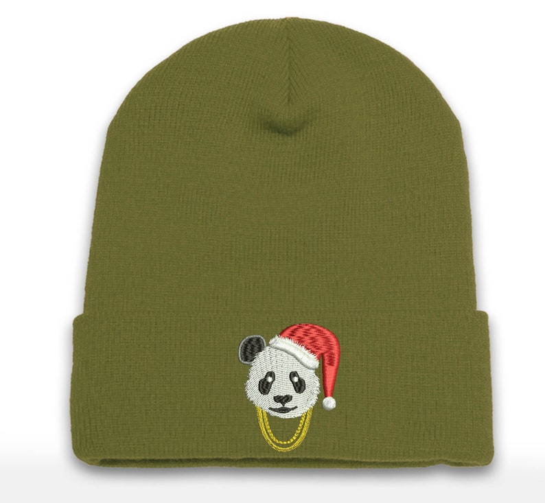 Embroidered Santa Panda Beanie with Gold Chains - Cuffed Acrylic Christmas Hat