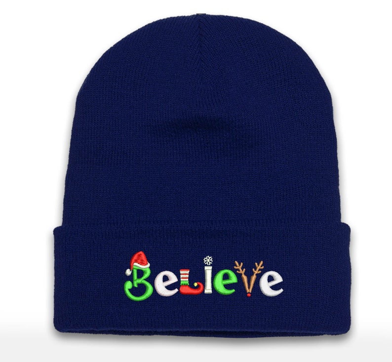 Embroidered Christmas Beanie: Believe Holiday Logo, Cuffed Acrylic Hat