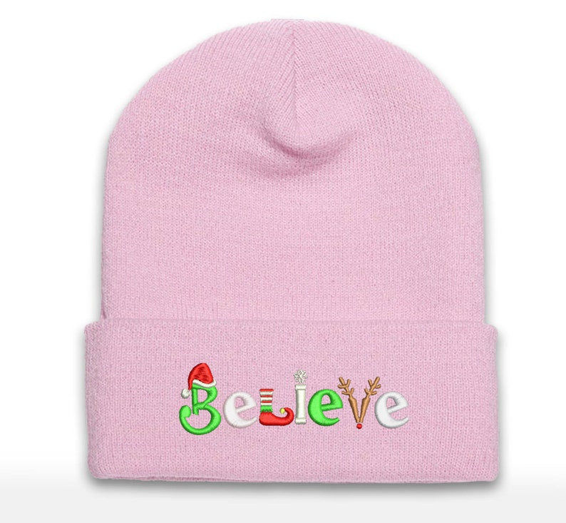 Embroidered Christmas Beanie: Believe Holiday Logo, Cuffed Acrylic Hat