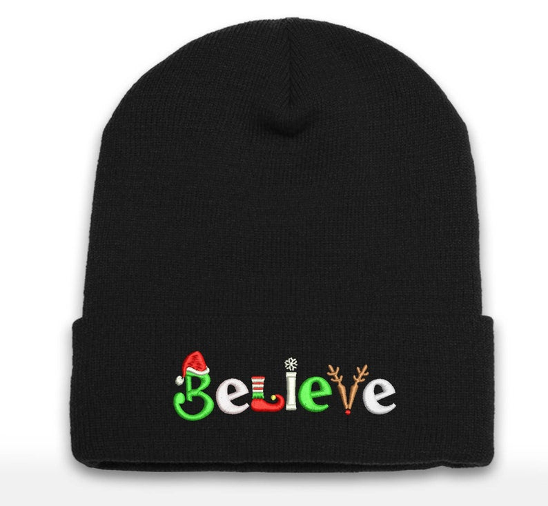 Embroidered Christmas Beanie: Believe Holiday Logo, Cuffed Acrylic Hat