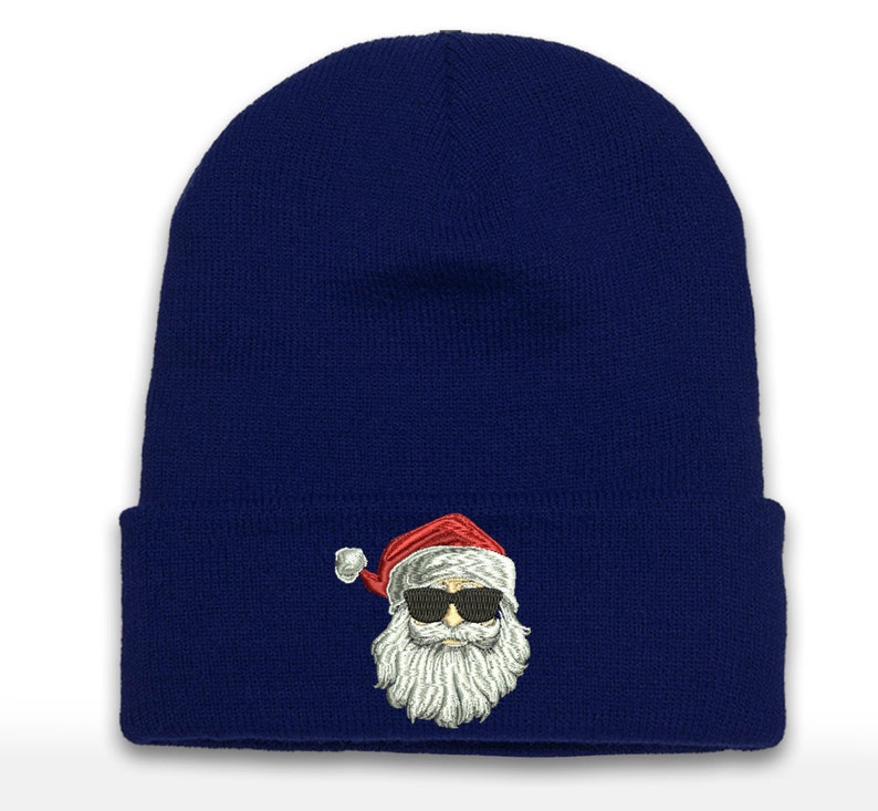 Embroidered Santa Shades Beanie - Christmas Cuffed Hat
