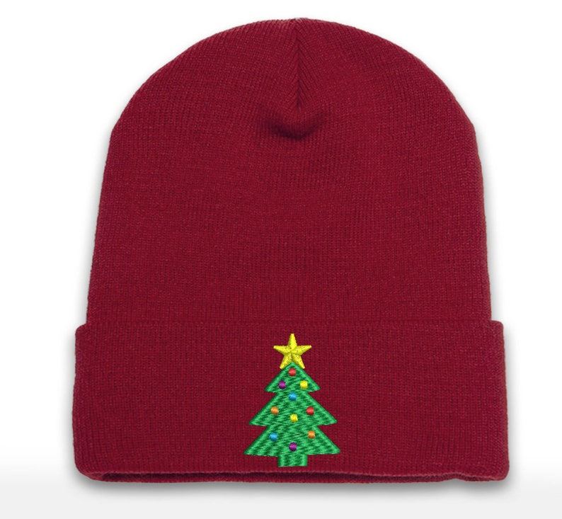 Christmas Tree Embroidered Beanie: Holiday Cuffed Cap
