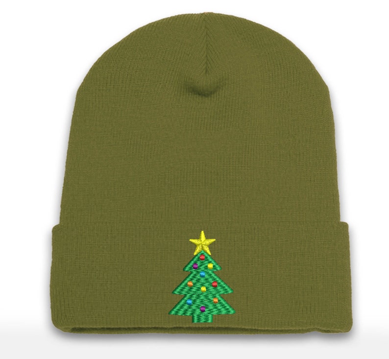Christmas Tree Embroidered Beanie: Holiday Cuffed Cap
