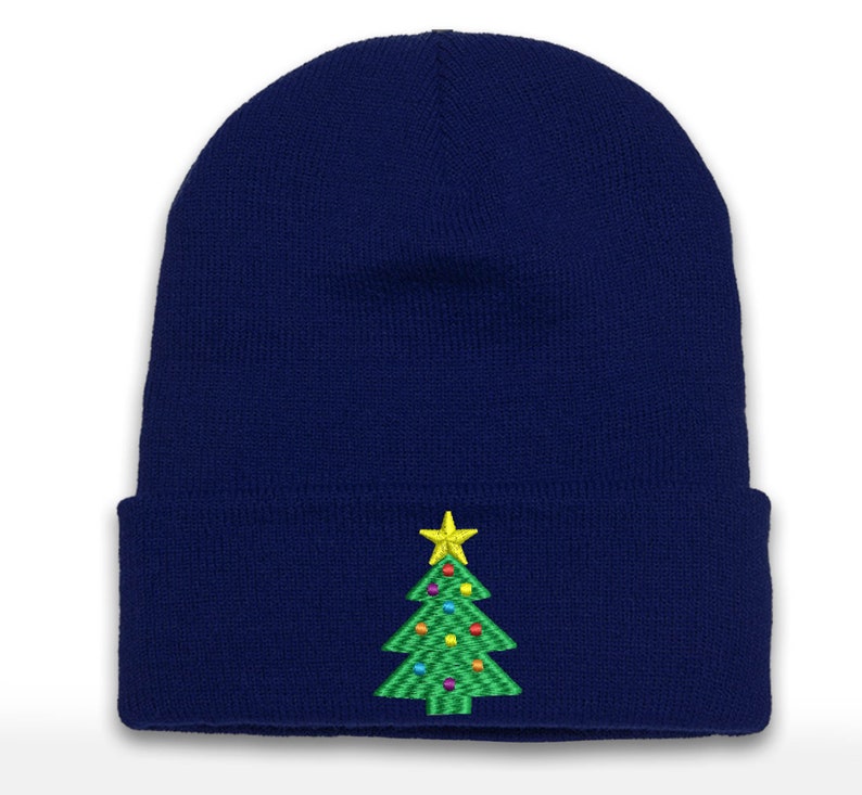 Christmas Tree Embroidered Beanie: Holiday Cuffed Cap