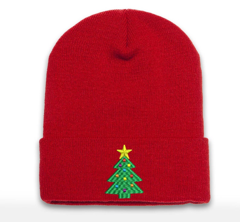 Christmas Tree Embroidered Beanie: Holiday Cuffed Cap