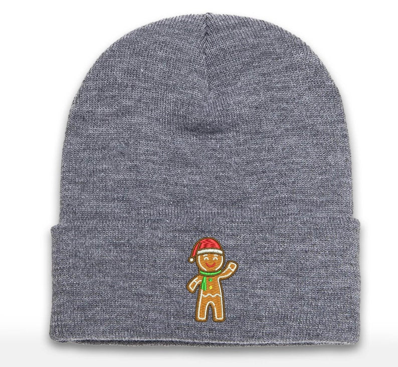 Gingerbread Man Embroidered Cuffed Beanie - Christmas Holiday Cheer