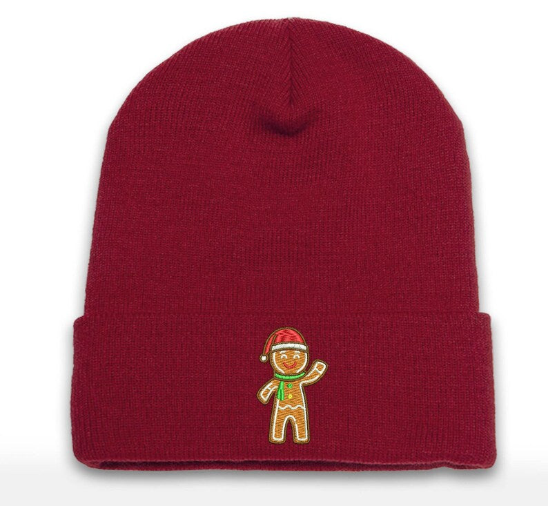 Gingerbread Man Embroidered Cuffed Beanie - Christmas Holiday Cheer