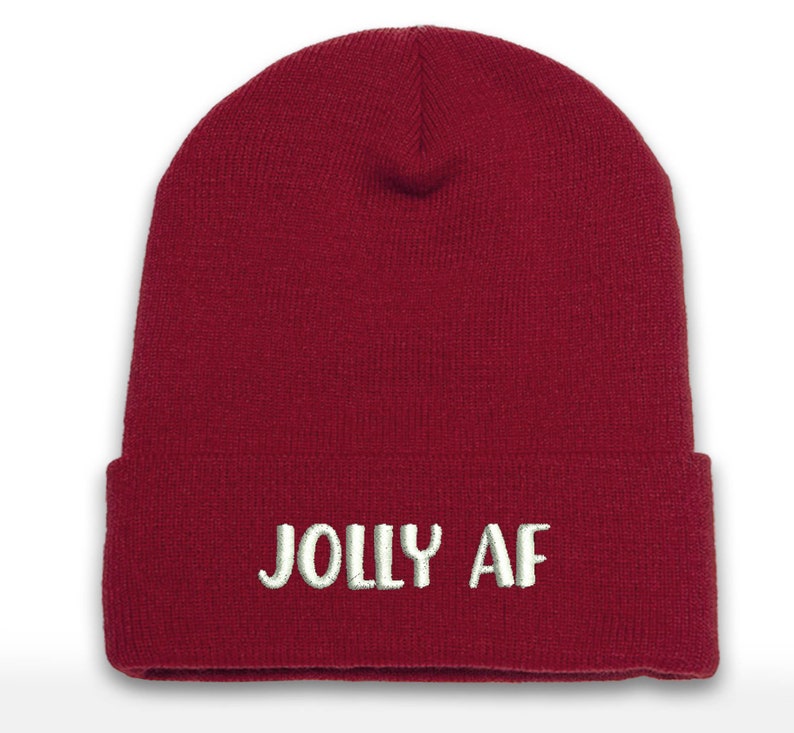 JOLLY AF Embroidered Christmas Beanie: Cuffed Holiday Hat