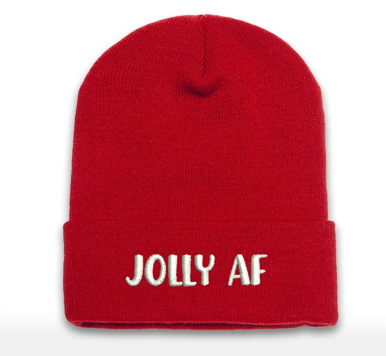 JOLLY AF Embroidered Christmas Beanie: Cuffed Holiday Hat