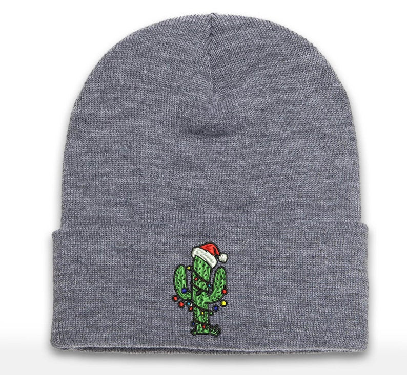 Embroidered Christmas Cactus Tree Beanie - Holiday Cuffed Hat