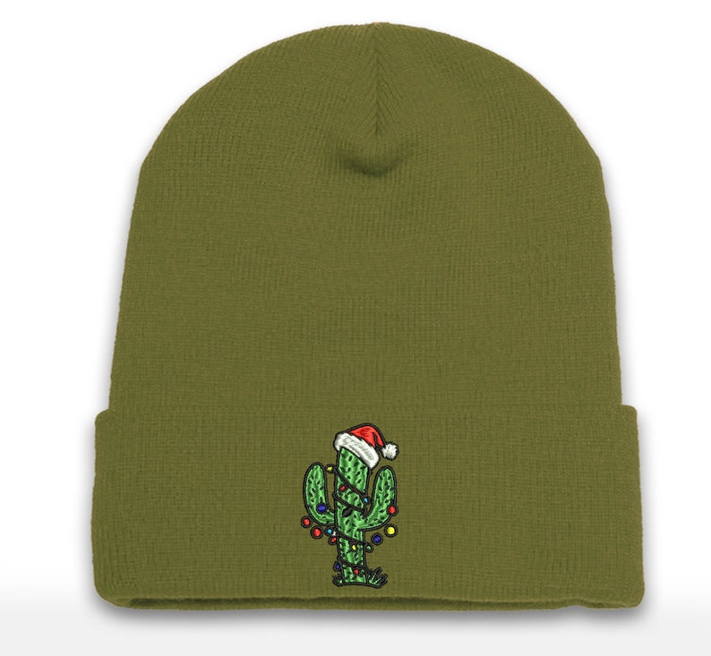 Embroidered Christmas Cactus Tree Beanie - Holiday Cuffed Hat