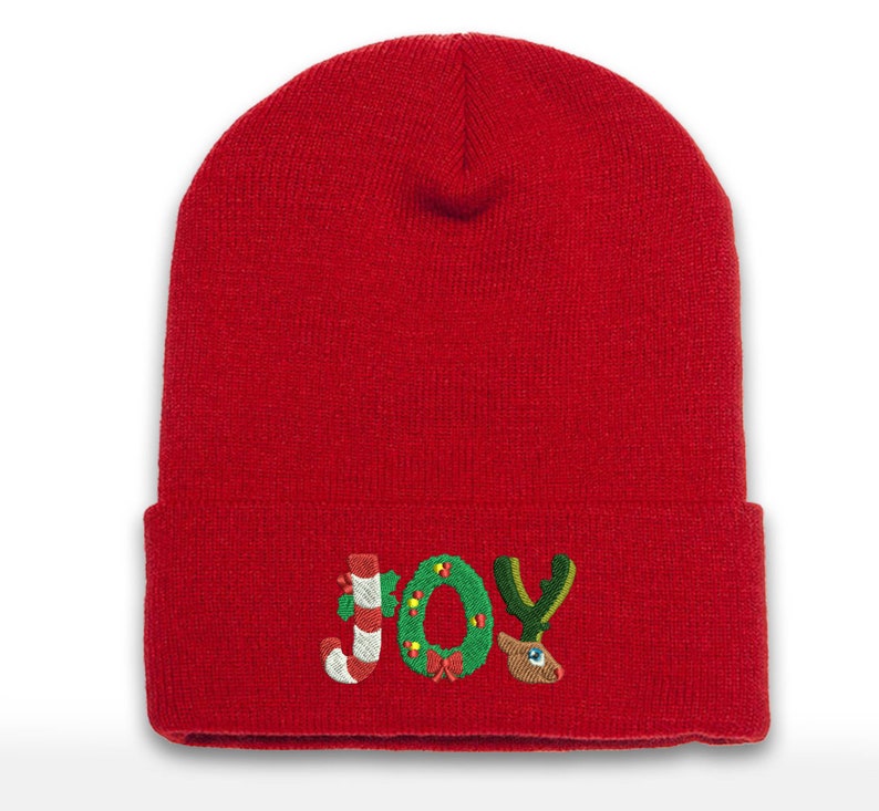 Embroidered JOY Christmas Beanie: Holiday Cuffed Cap
