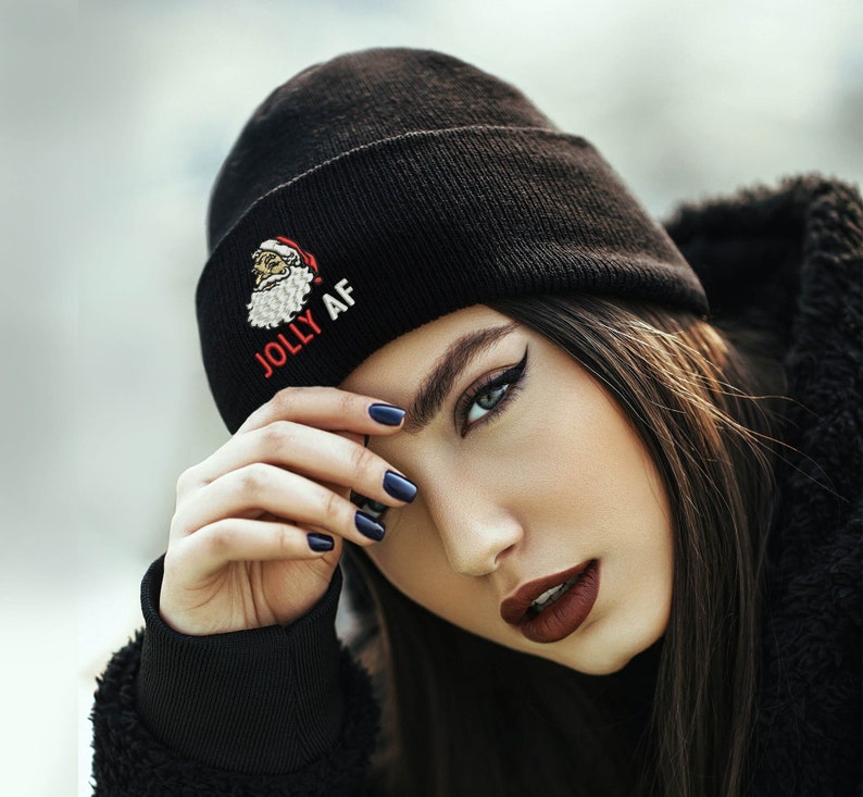 Jolly AF Santa Embroidered Beanie - Christmas Cuffed Hat