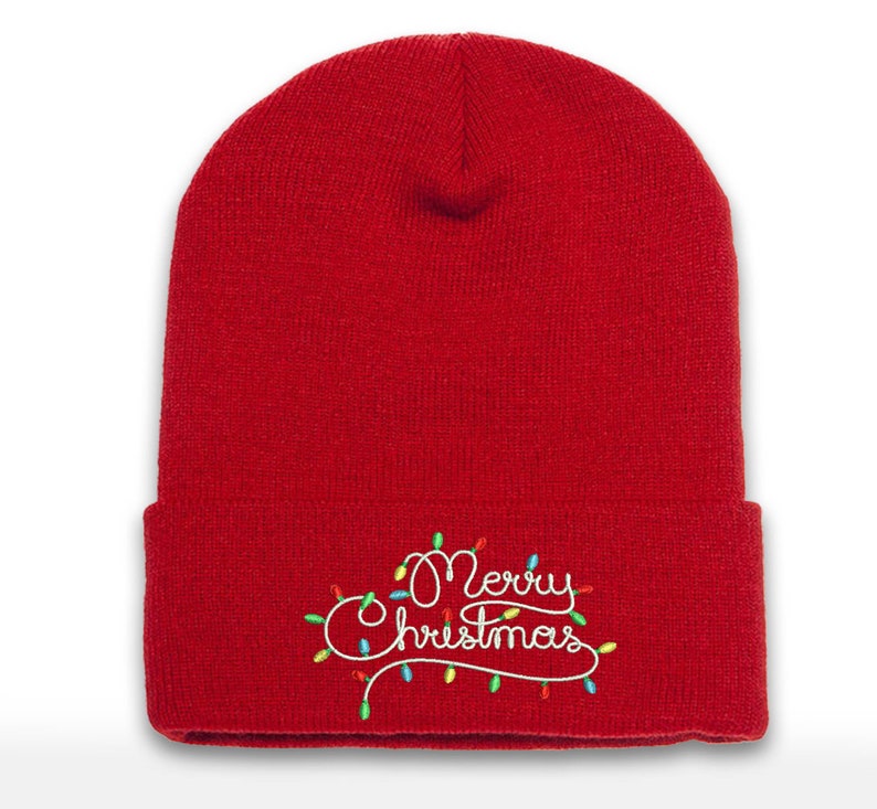 Embroidered Christmas Lights Beanie: Holiday Cuffed Hat