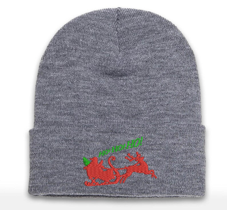 Embroidered Christmas Beanie: Santa Sleigh Cuffed Hat