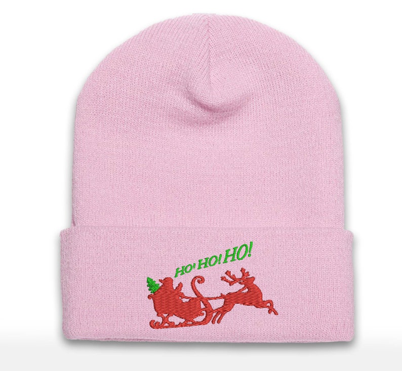 Embroidered Christmas Beanie: Santa Sleigh Cuffed Hat
