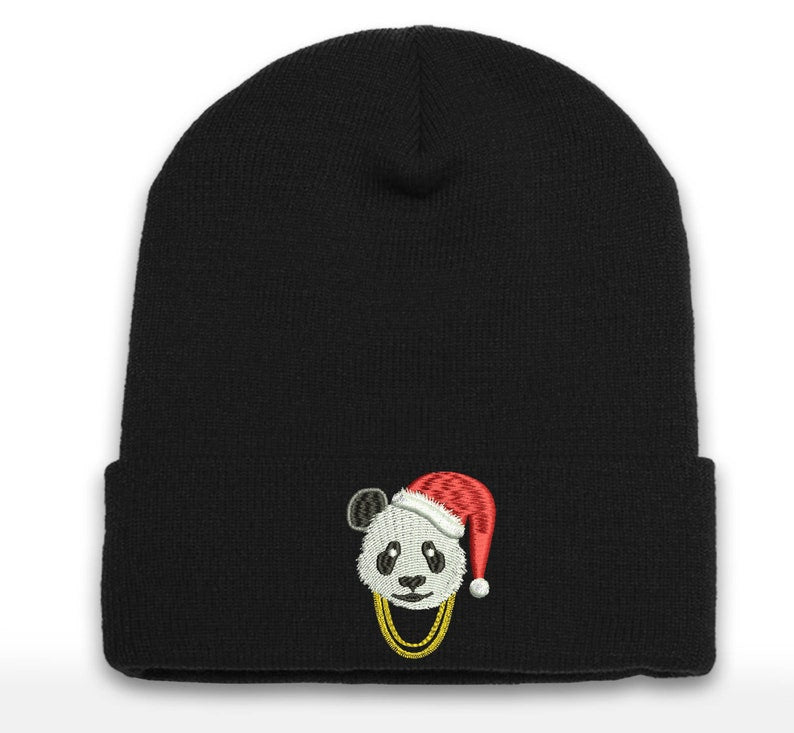 Embroidered Santa Panda Beanie with Gold Chains - Cuffed Acrylic Christmas Hat