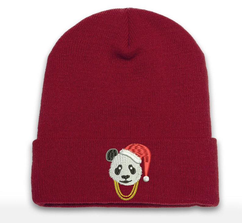 Embroidered Santa Panda Beanie with Gold Chains - Cuffed Acrylic Christmas Hat