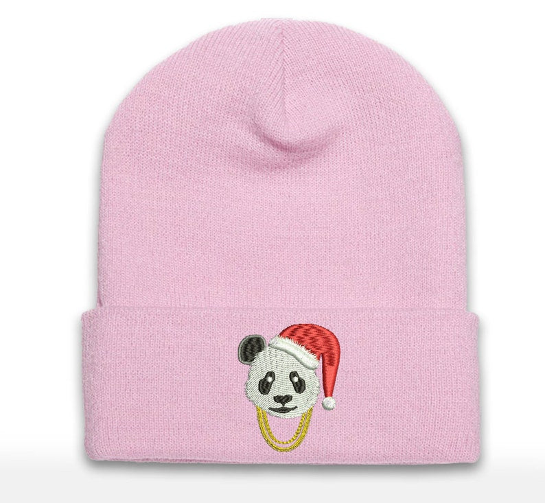 Embroidered Santa Panda Beanie with Gold Chains - Cuffed Acrylic Christmas Hat