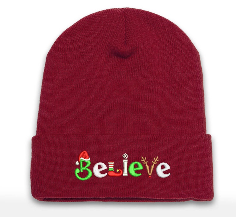 Embroidered Christmas Beanie: Believe Holiday Logo, Cuffed Acrylic Hat
