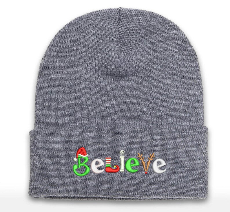 Embroidered Christmas Beanie: Believe Holiday Logo, Cuffed Acrylic Hat