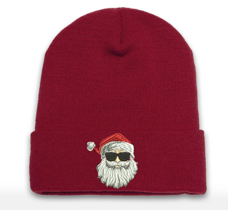 Embroidered Santa Shades Beanie - Christmas Cuffed Hat