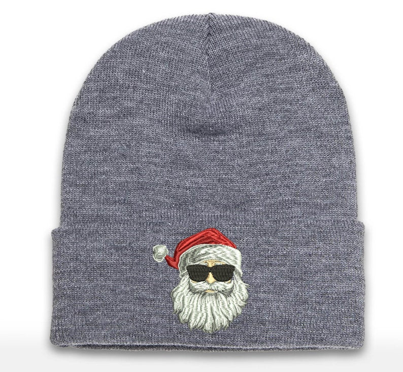 Embroidered Santa Shades Beanie - Christmas Cuffed Hat